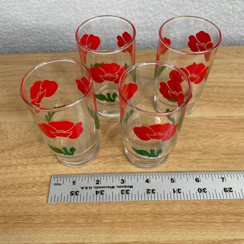 Vintage Anchor Hocking Red Poppy Floral Juice Glasses Mid Century Retro Set of 4 - Picture 2 of 4